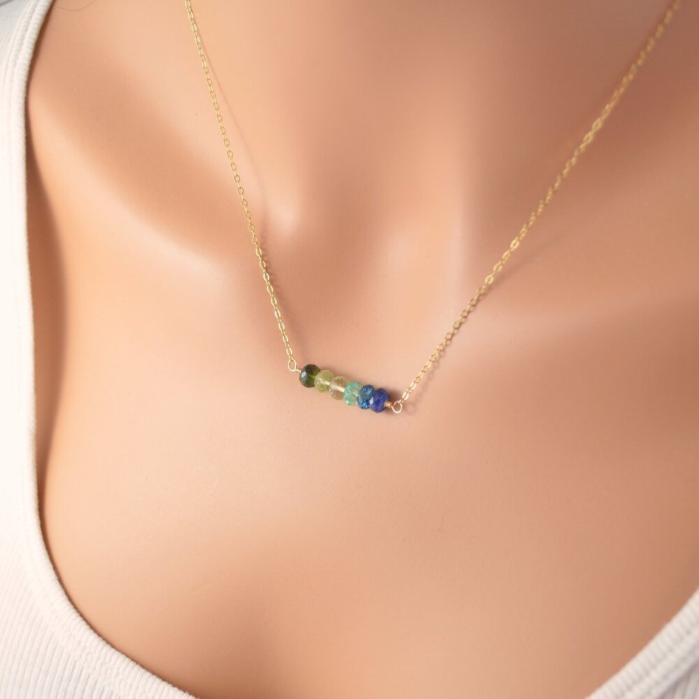 Blue and Green Gemstone Row Necklace in Gold